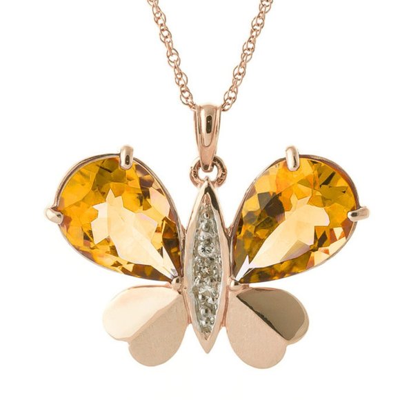 14K. SOLID GOLD BATTERFLY NECKLACE WITH NATURAL DIAMONDS & WHITE TOPAZ - Picture 2 of 8